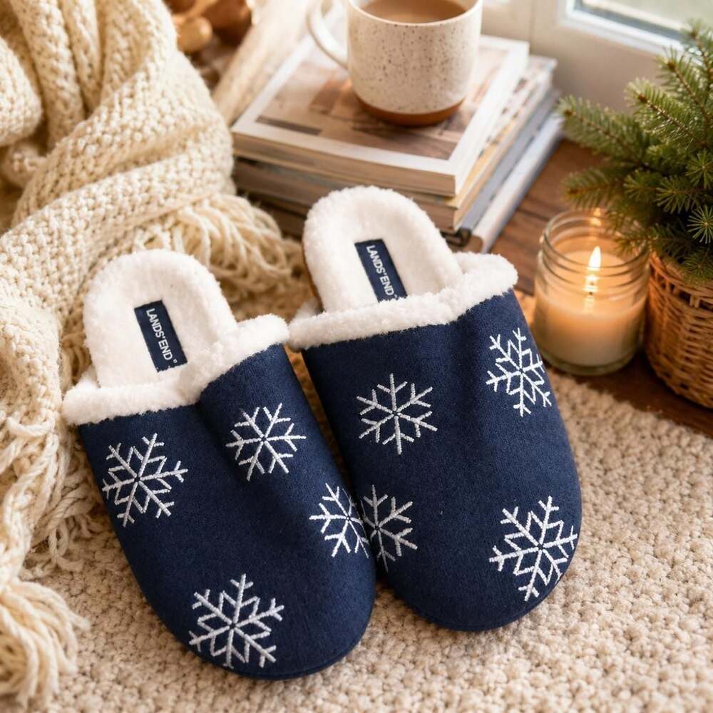 Lands' End Navy Blue Snowflake Embroidered Sherpa Slippers